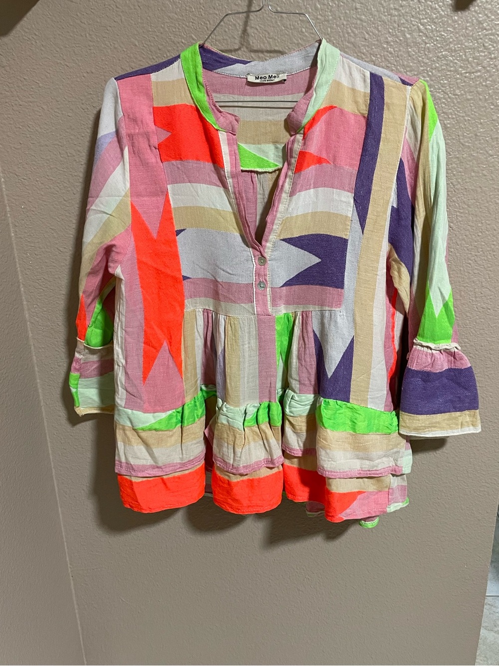 Meo Meli Multicolor Printed Peasant Top - Bright Neon Mix